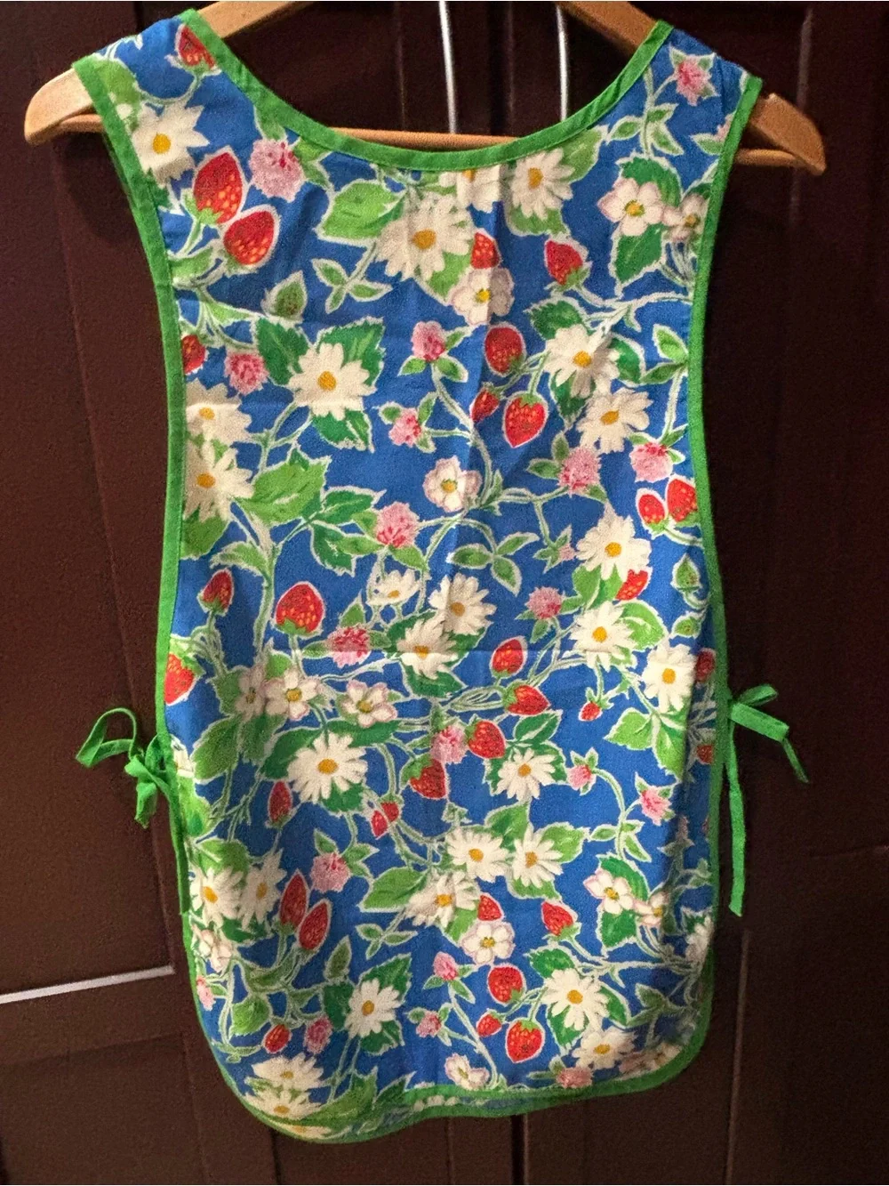 Bright Blue Floral Strawberry Kitchen / Art Class Apron with Green Trim